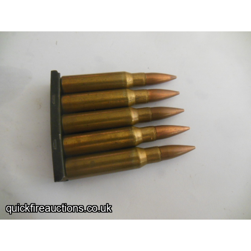 Five inert 1957 Radway Green L2A2 7.62 cartridges in original clip
