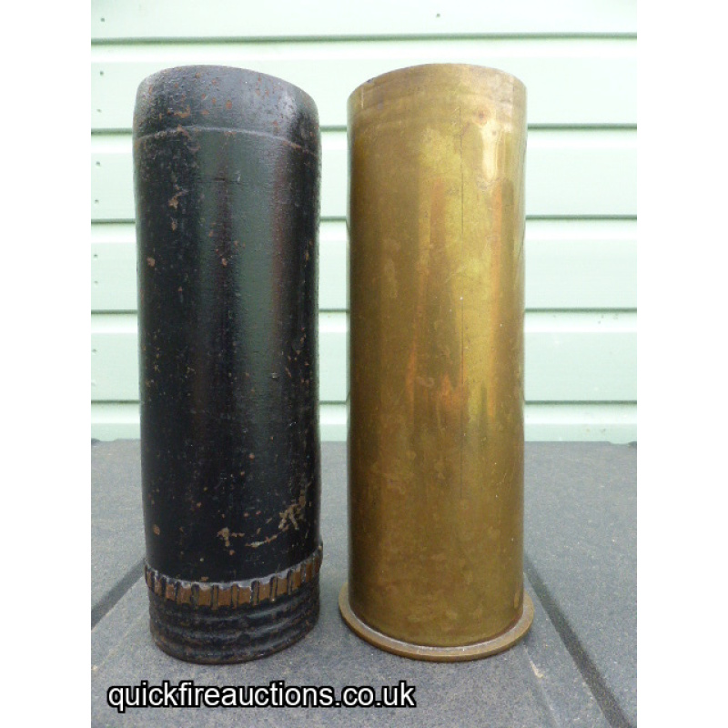 Fired WW1 German 7.7cm Field Gun Shrapnel Projectile and Case.