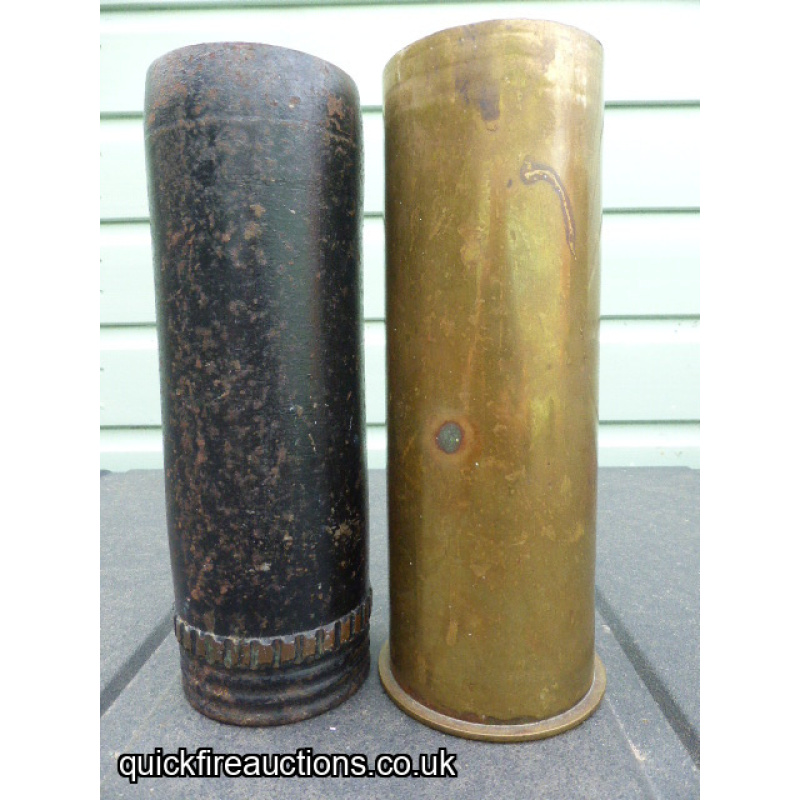 Fired WW1 German 7.7cm Field Gun Shrapnel Projectile and Case.