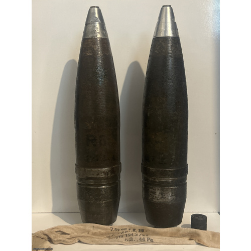 Two captured German 7.62 cm FK296(r) HE/T projectiles With one original charge bag and one tracer component