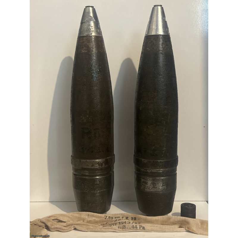 Two captured German 7.62 cm FK296(r) HE/T projectiles With one original charge bag and one tracer component